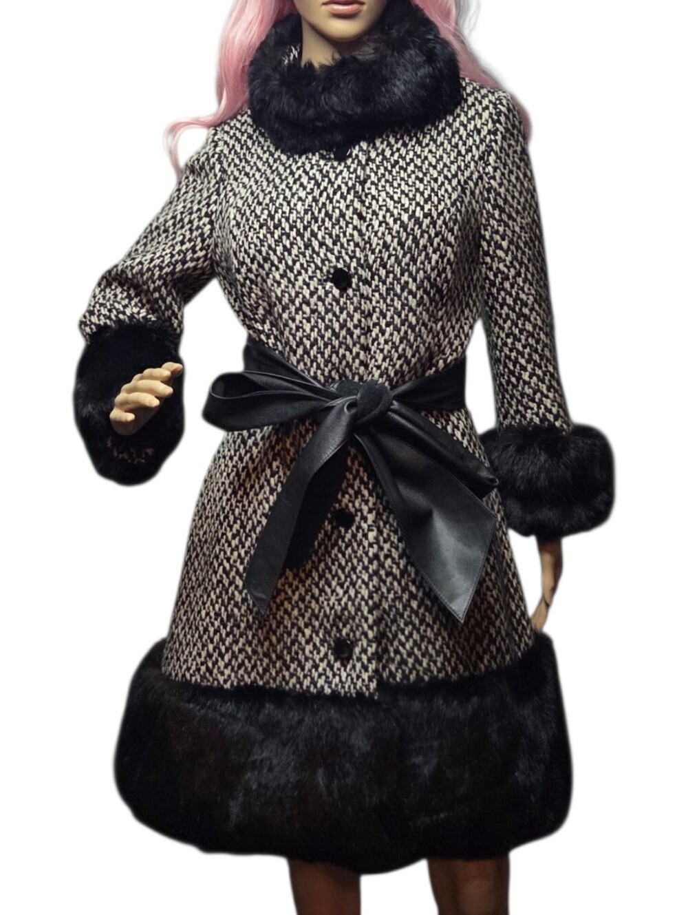 Lilli Ann Fur Coat Houndstooth Leather Belt Black & White Small 4 6